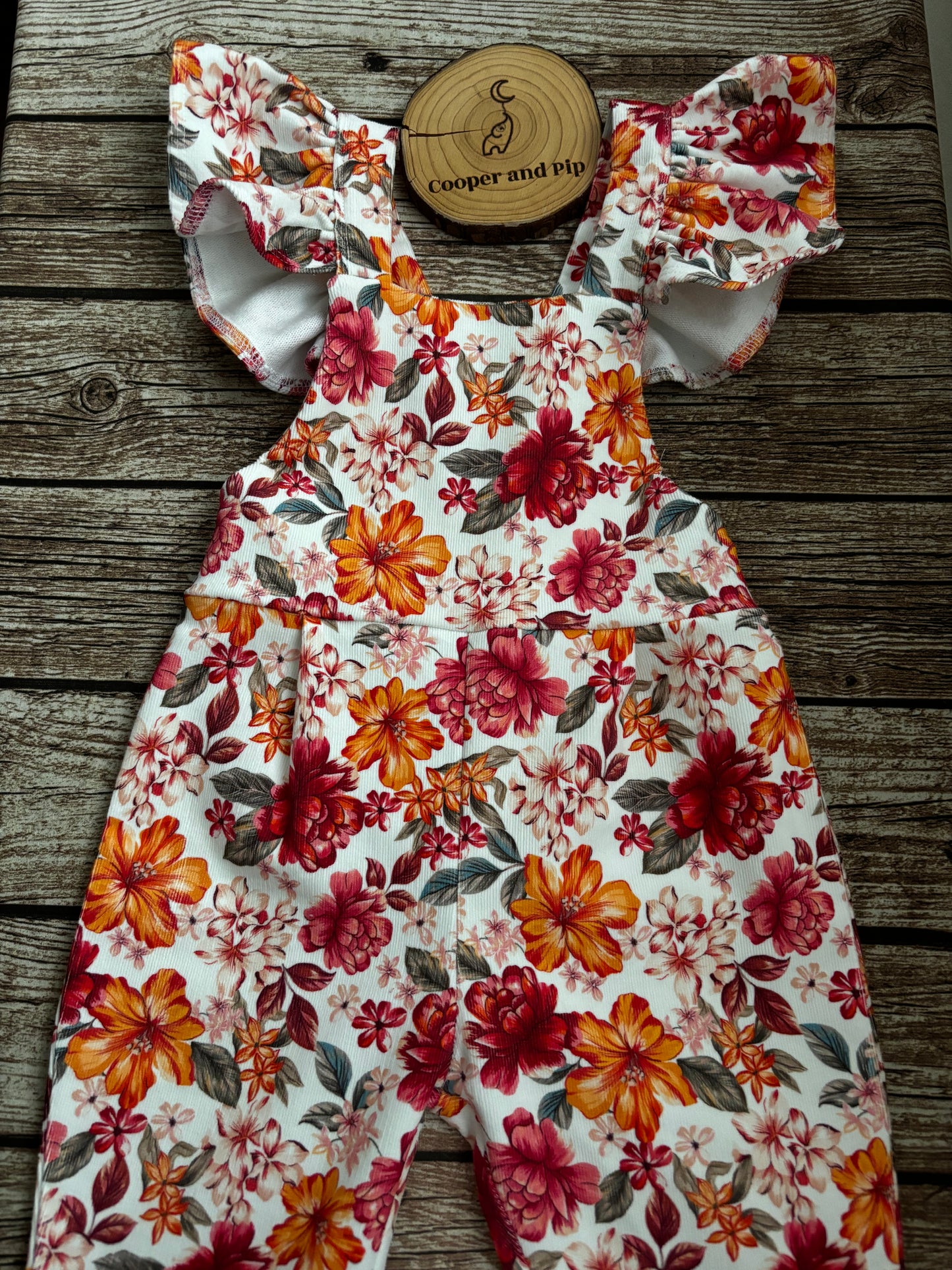 Cross back ruffles dungaree Printed corduroy