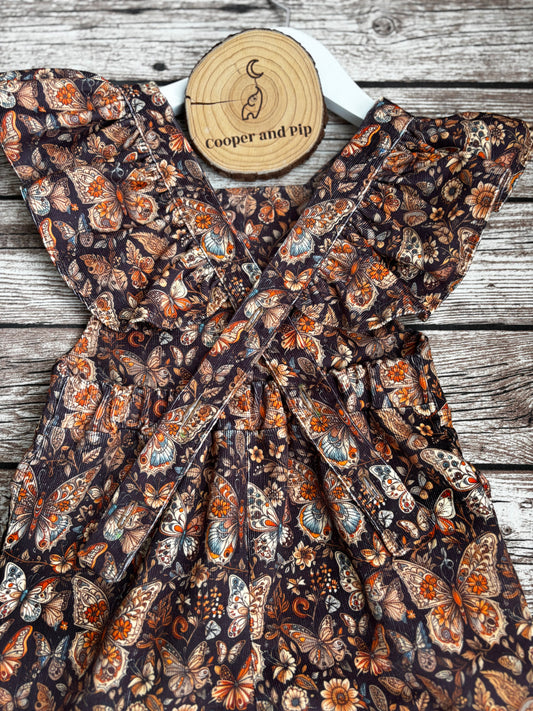 Cross back ruffles dungaree Printed corduroy